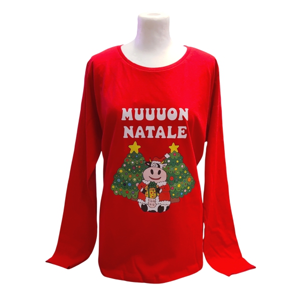 t-shirt rossa nataliza con mucca vestita da babbo natale e alberi di natale