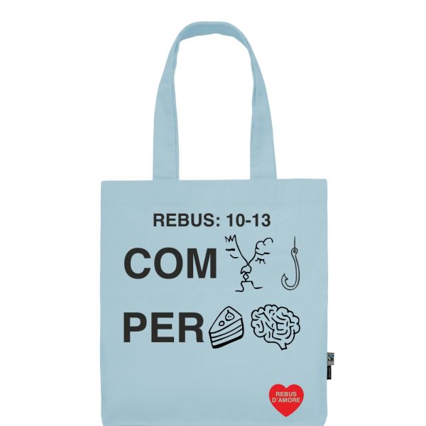 shopper in cotone azzurro pastello rebus d'amore combaciamo perfettamente