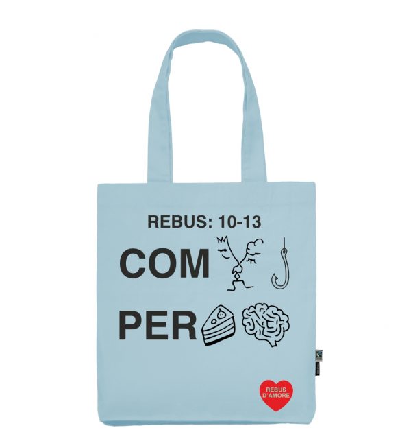 shopper in cotone azzurro pastello rebus d'amore combaciamo perfettamente