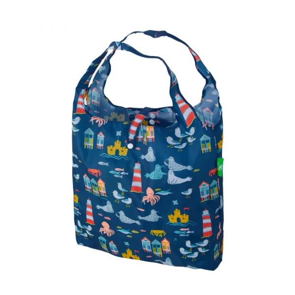 shopper in pet ricilato blu con soggetti marini