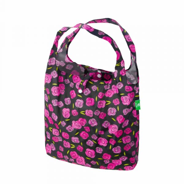 shopper eco chic in pet riciclato nera con rose rosa