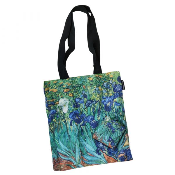 shopper in poliestere con manici lunghi con stampa dell'opera iris di van gogh