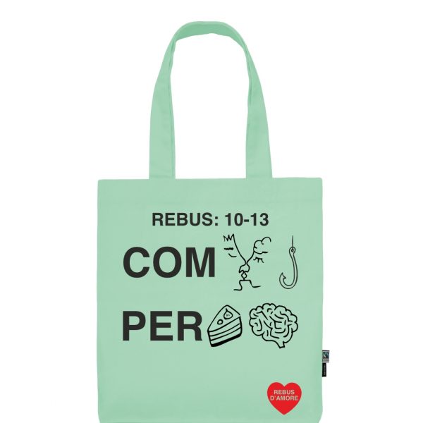 shopper in cotone verde pastello rebus d'amore combaciamo perfettamente