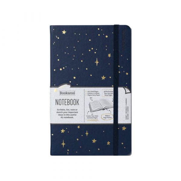 taccuino cm 13x21 blu con stelle e luna in oro cromato