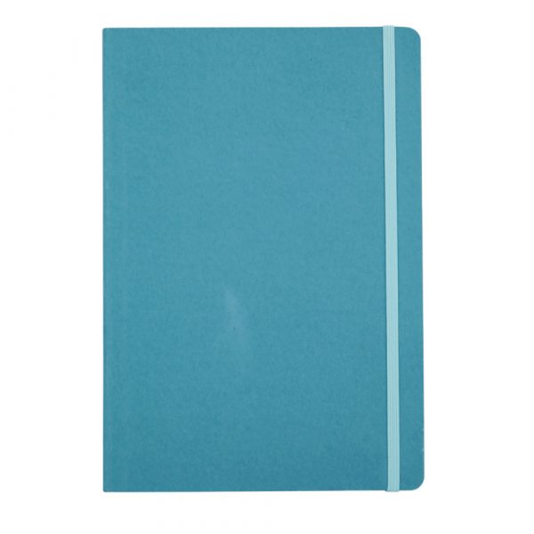 notebook con fogli bianchi e copertina color avio con elastico